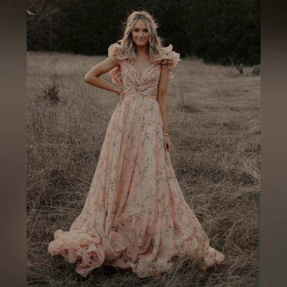 Mac Duggal 67803 Floral Chiffon Cutout Ruffle Shoulder Ball Gown Maxi Dress sz 8 - Picture 8 of 15